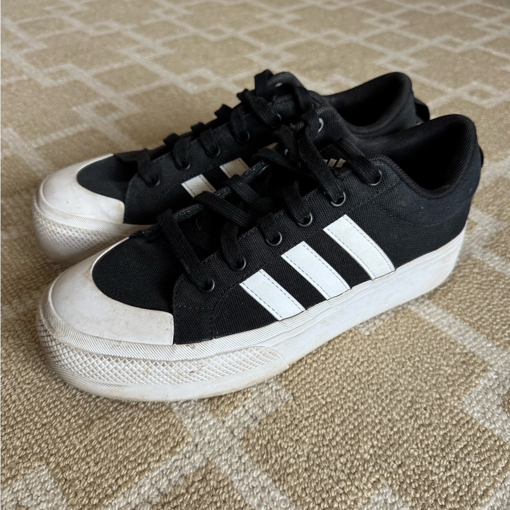 Adidas Black White Canvas Court Sneakers Lace-Up Low Top Shoes Retro Size 8.5 - Picture 7 of 9